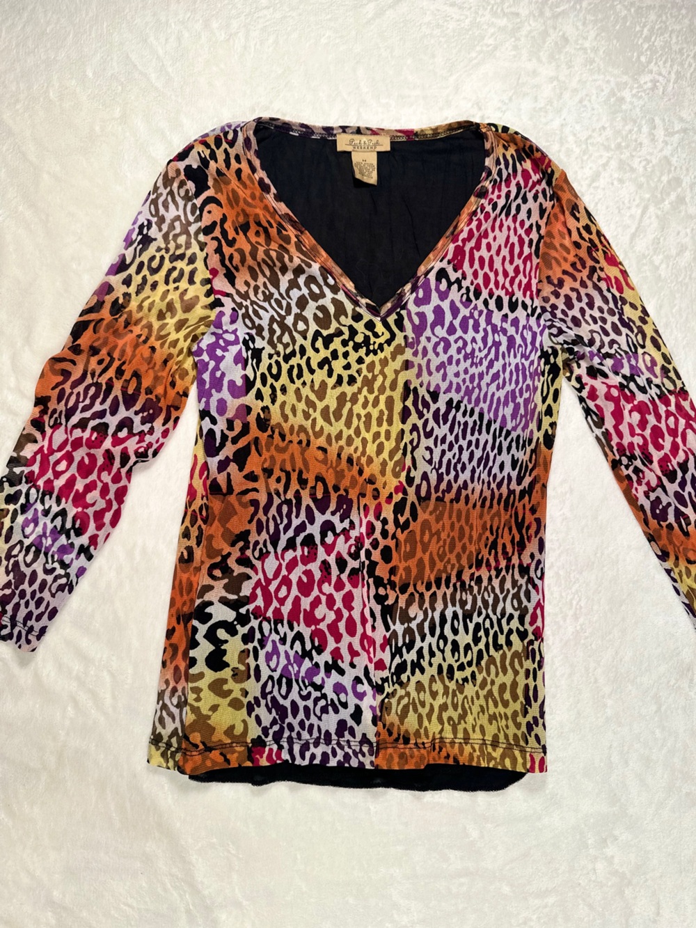 Peck & Peck Multicolor Leopard Print Long Sleeve V-Neck Top